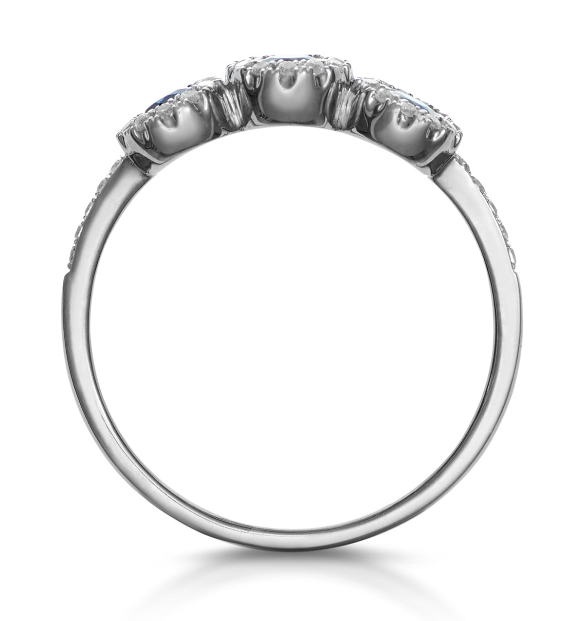 Sapphire and Lab Diamond Halo Trilogy Ring 9K White Gold - Asteria